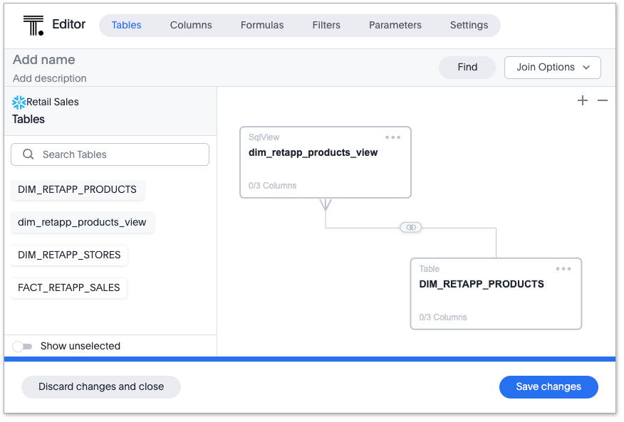 The ThoughtSpot Model editor with two tables joined on the canvas