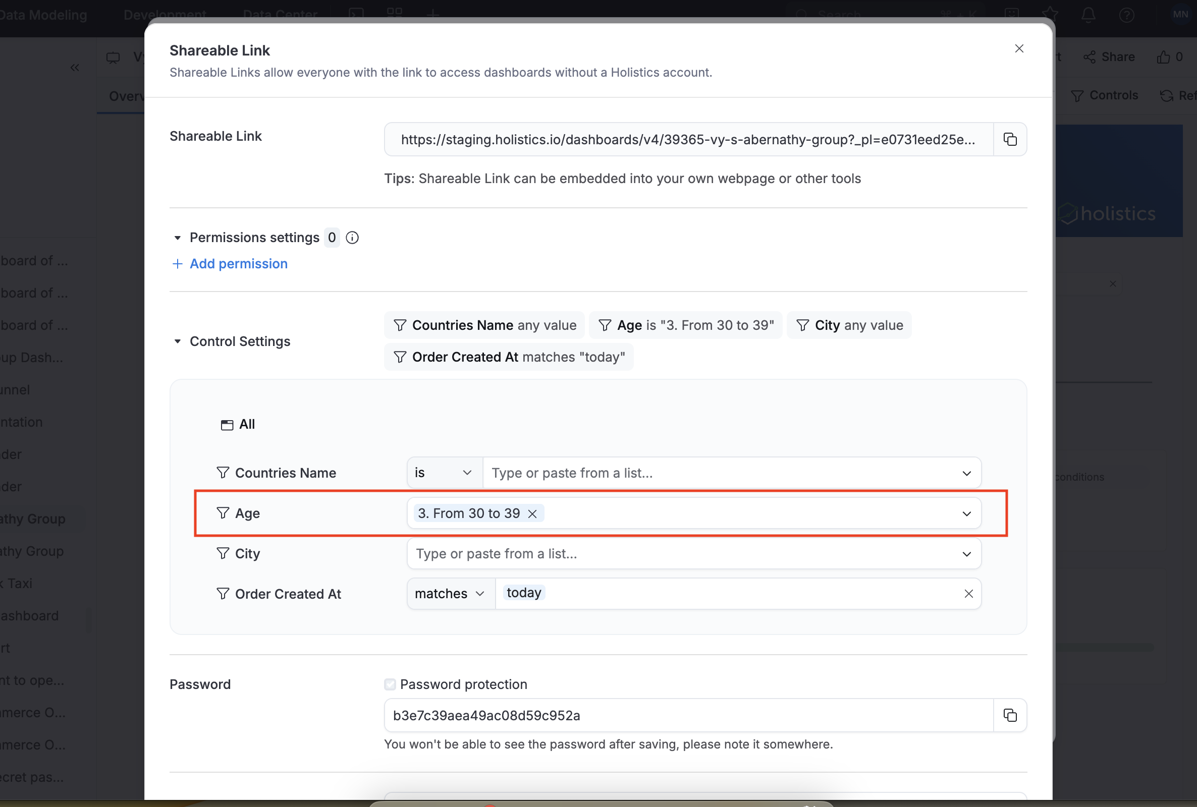 Default filter settings for a shareable link