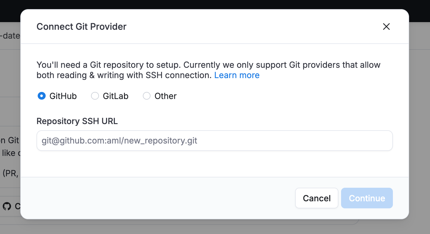 Holistics Version Control Settings page with 'Connect to Git Provider' button.