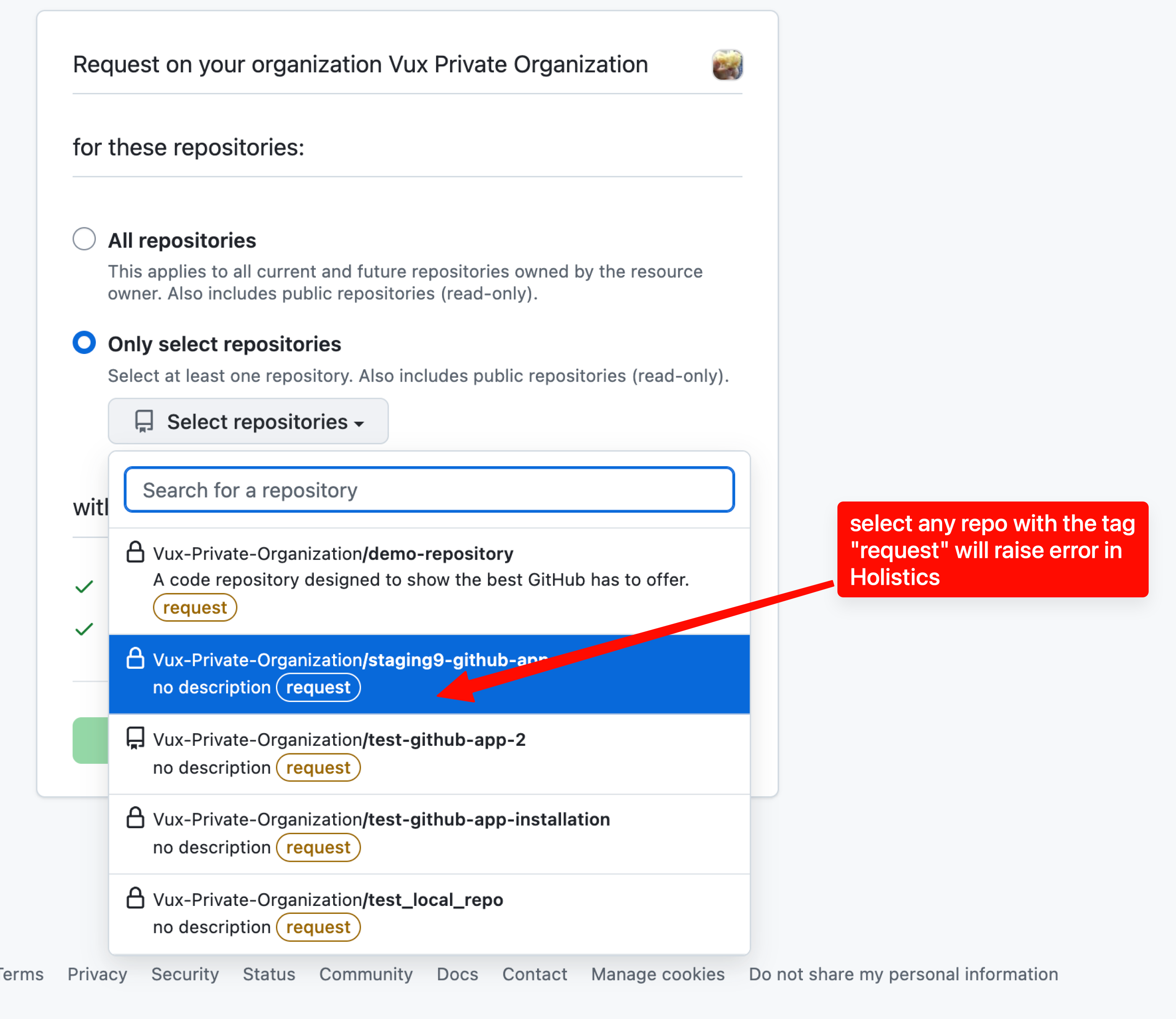 GitHub app installation request flow showing the approval required state