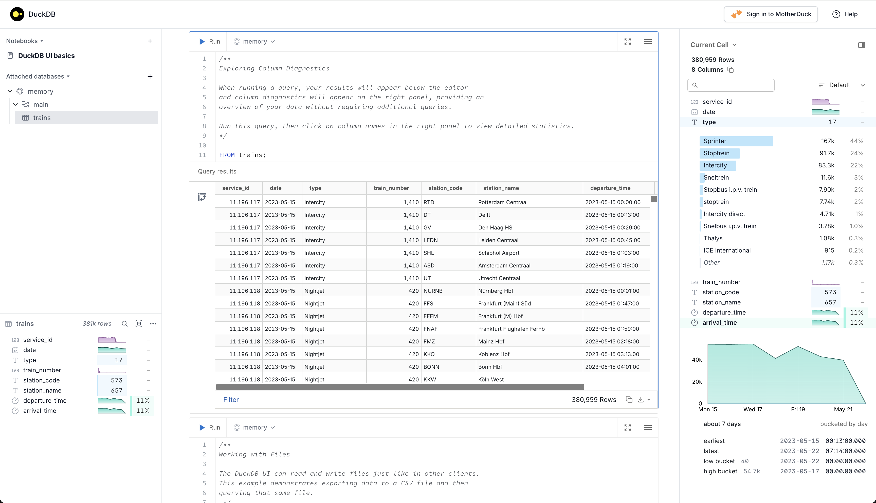 DuckDB local UI with a SQL notebook and column explorer
