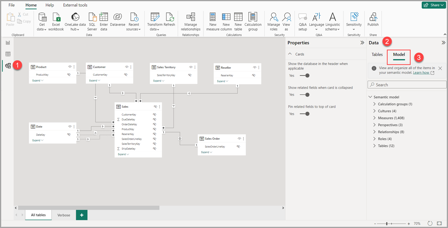 Power BI Desktop Model view showing a star schema and the Model explorer