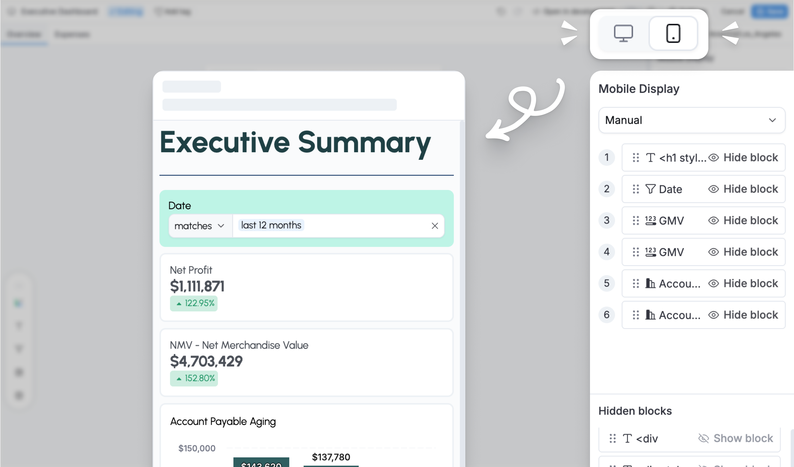 Configuring mobile view for a dashboard in Reporting mode