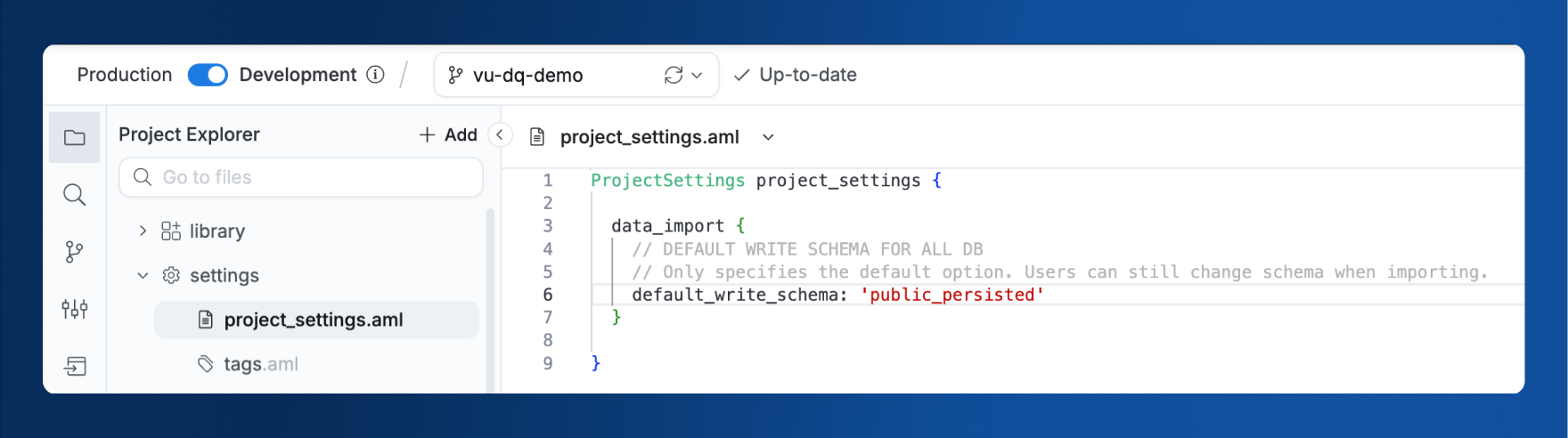 Setting the default write schema for data import in project settings