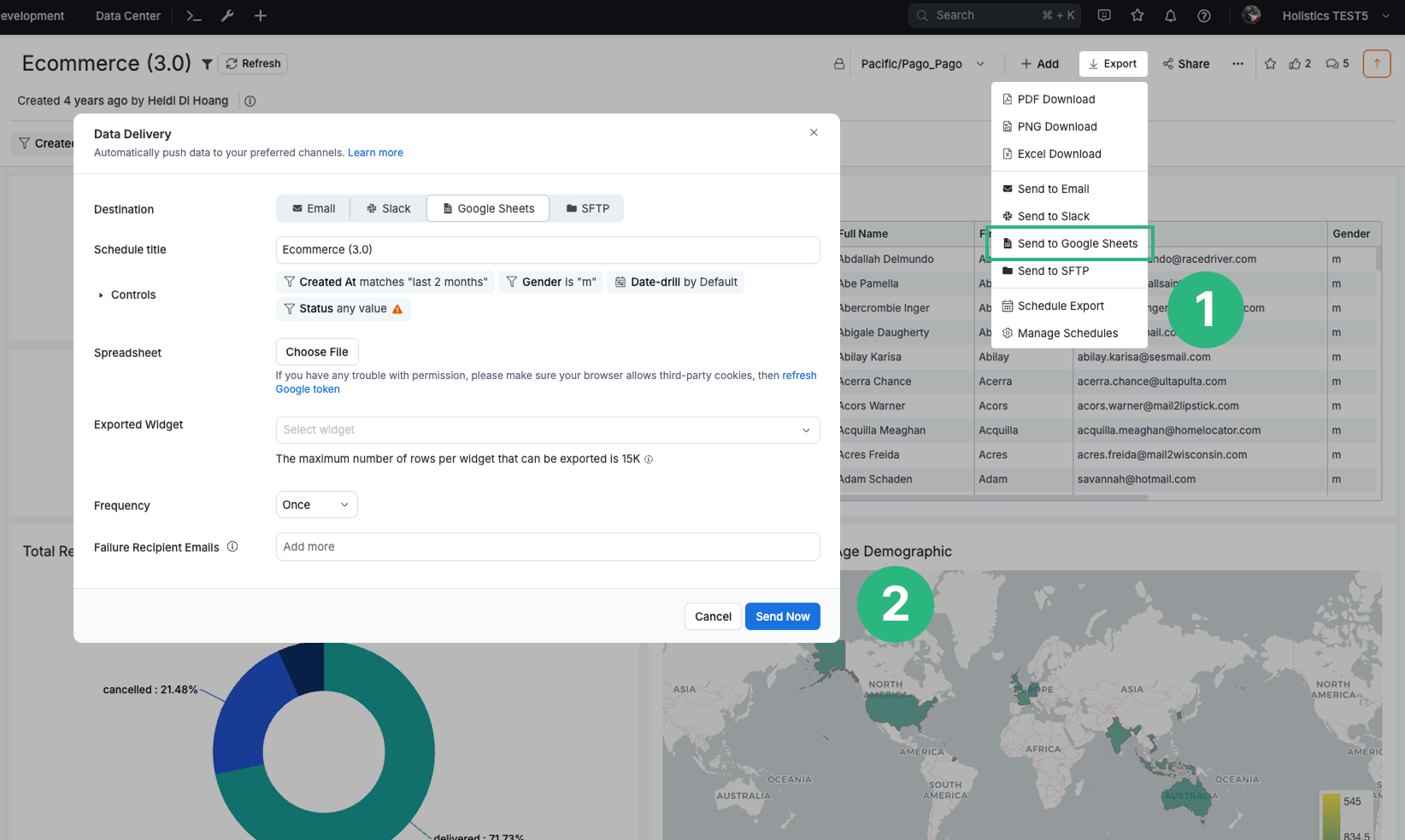 Navigating to 'Send to Google Sheets' from the dashboard export menu