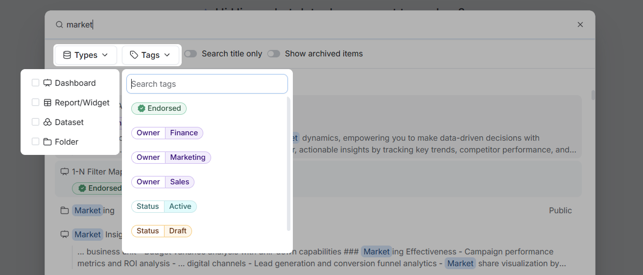 Filtering search results in Holistics by object type and tags.