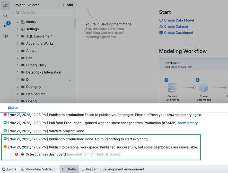 Notification showing a list of broken personal dashboards after publishing changes.