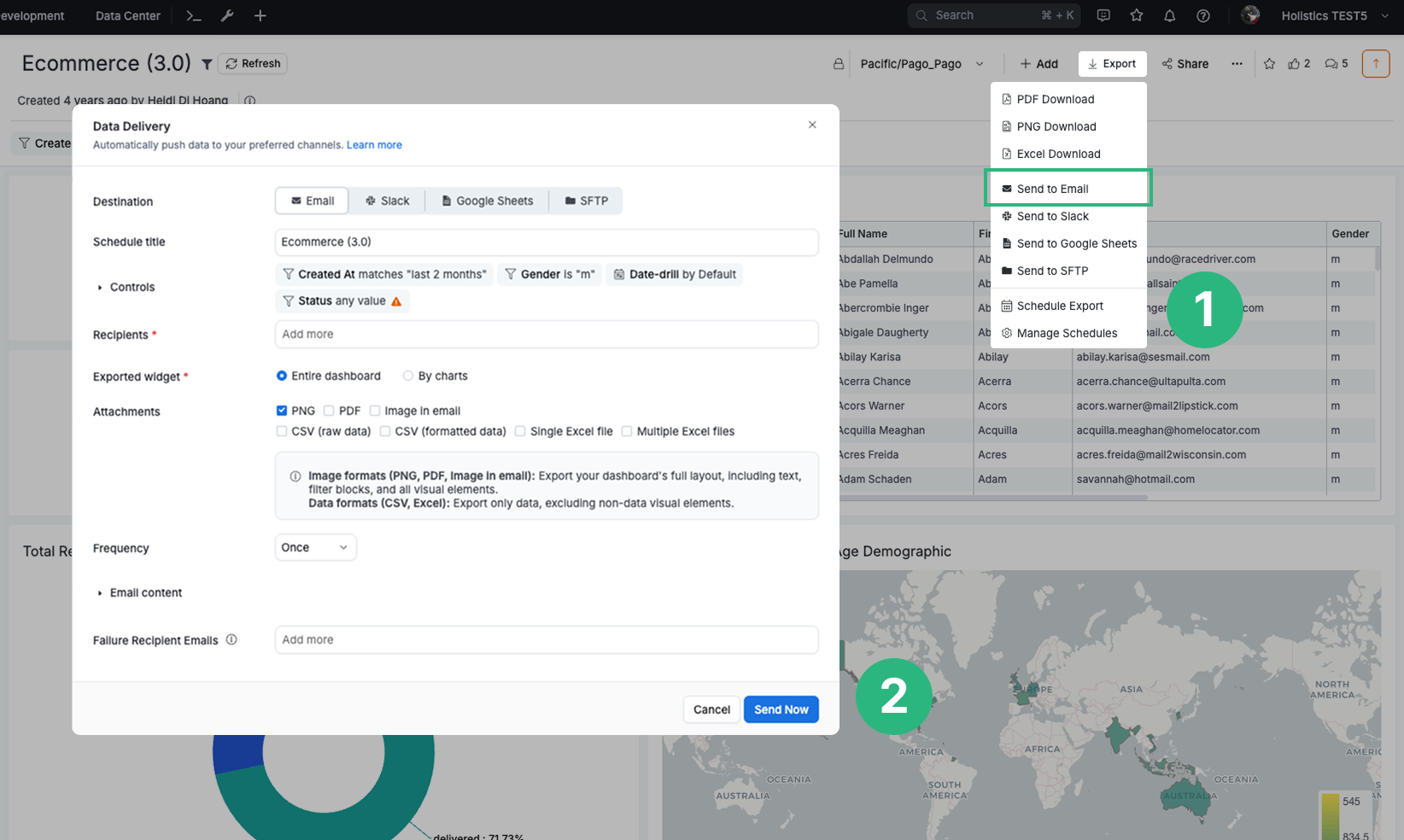 Navigating to 'Send to Email' from the dashboard export menu