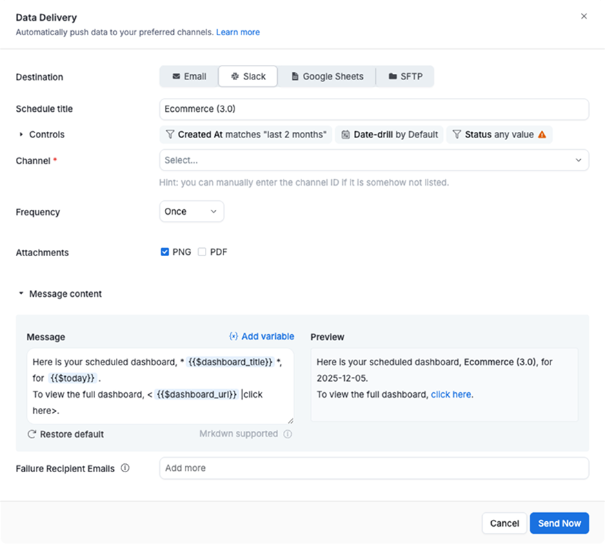 Slack schedule modal with new attachment options