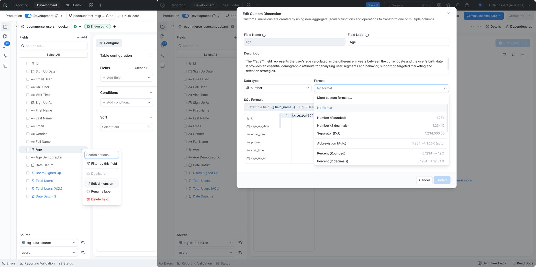 Edit field formatting in Holistics