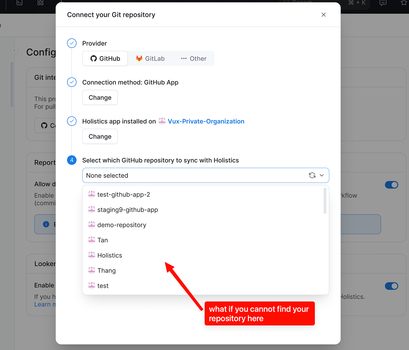 GitHub repository selection dropdown showing the target repository is missing