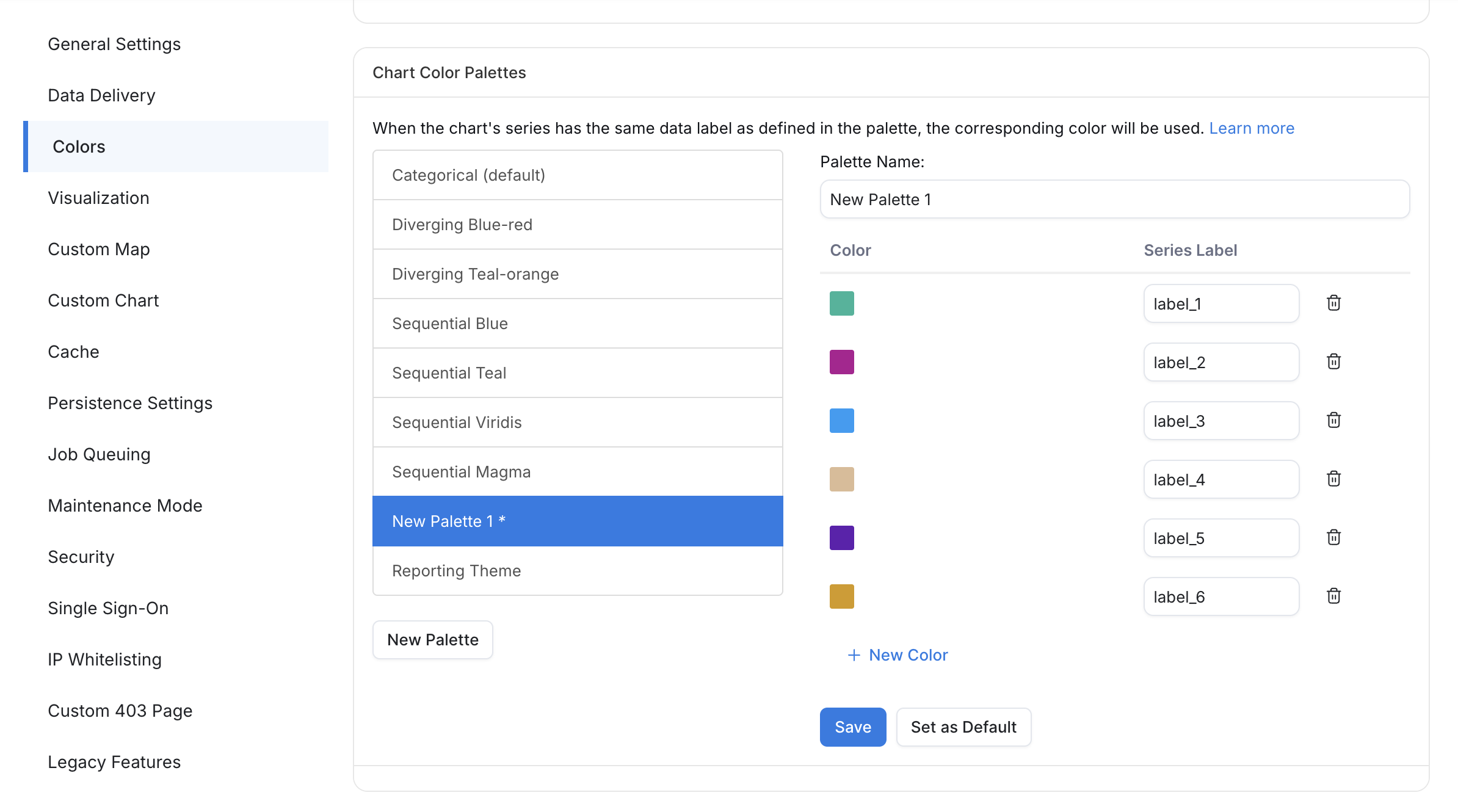 Color palette settings showing the Set as Default option