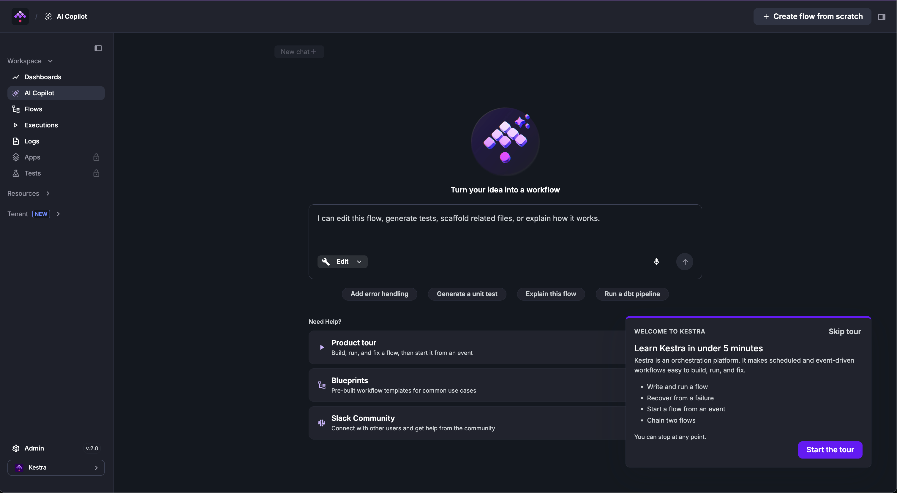 Kestra web UI with flows, executions and an AI copilot