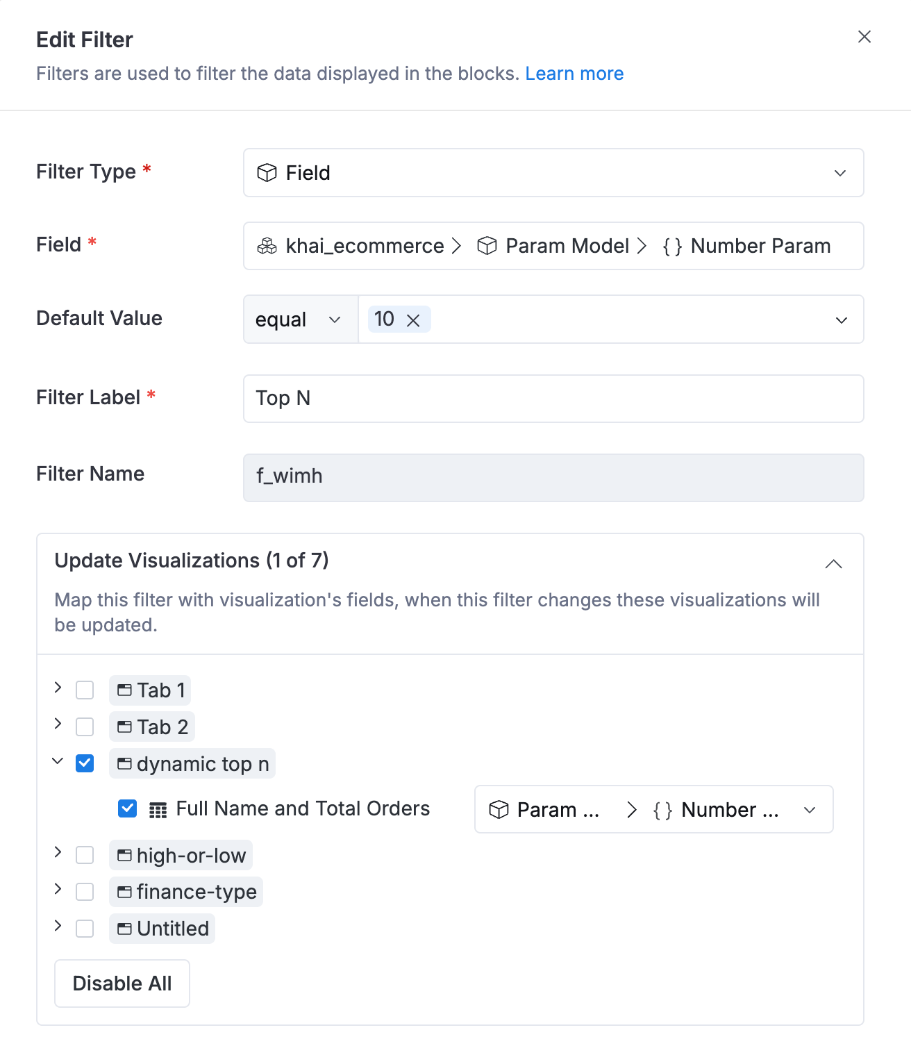 Dashboard filter control for Top N value
