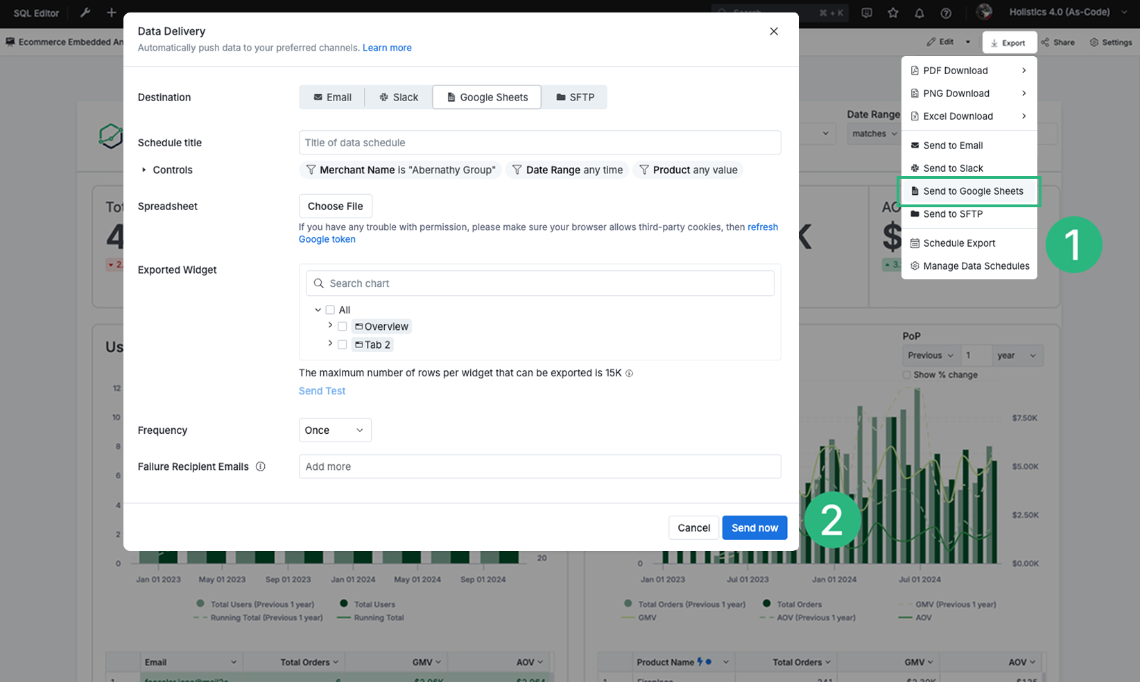 Navigating to 'Send to Google Sheets' from the dashboard export menu