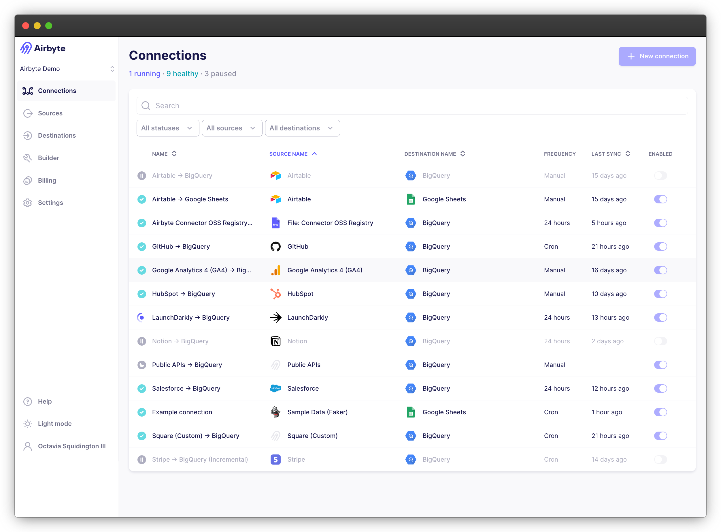 Airbyte Connections page listing source-to-destination syncs