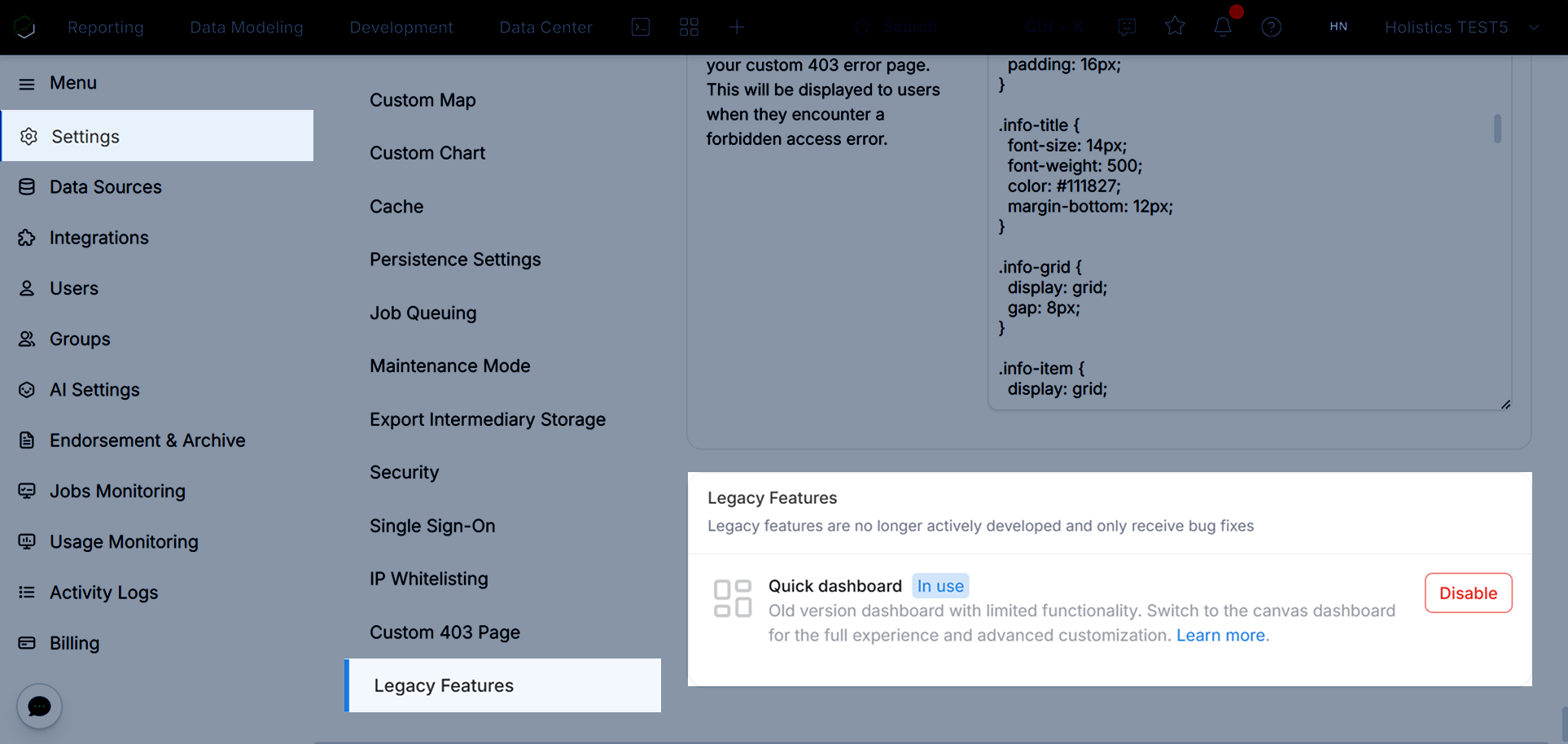 Disable quick dashboard in legacy features