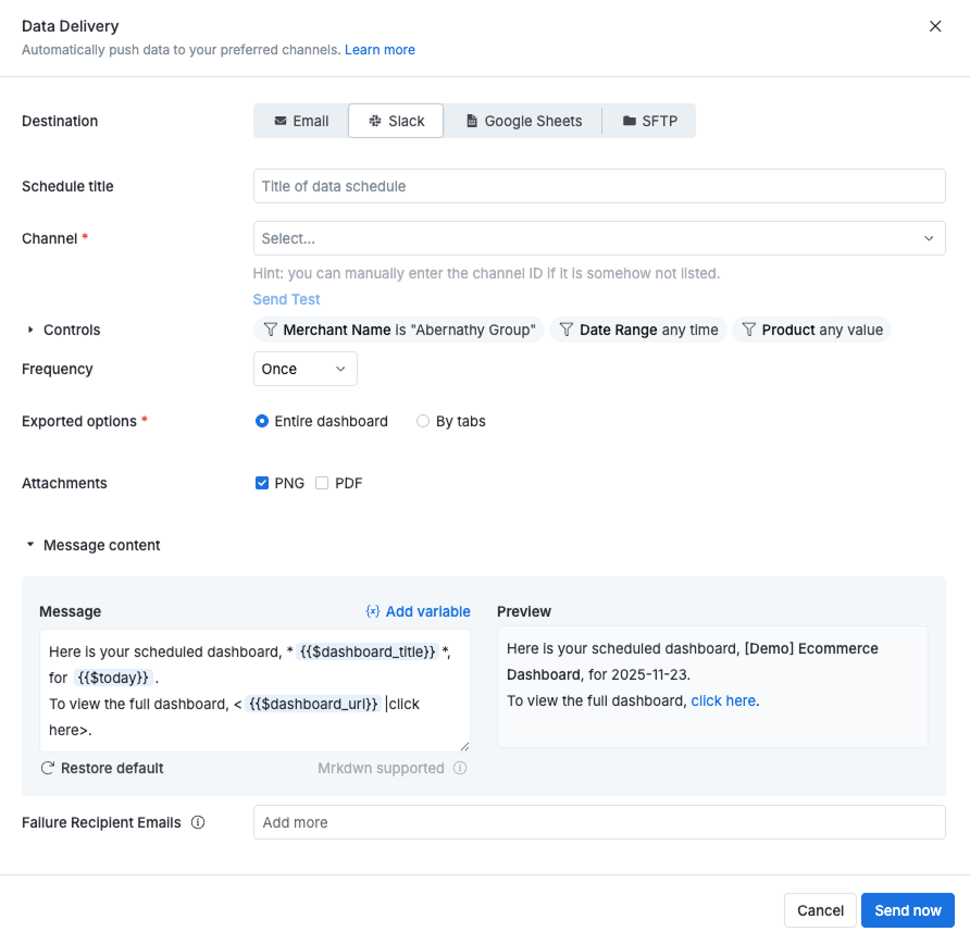 Slack schedule modal with new attachment options