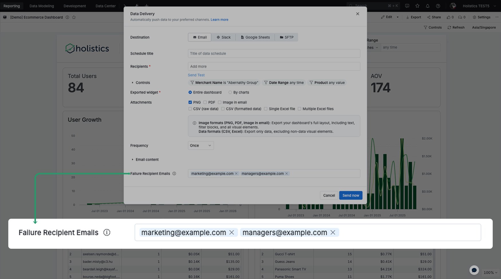 UI showing the configuration modal for a data schedule, with a new section for 'Failure Notification Recipients' where users can add email addresses.