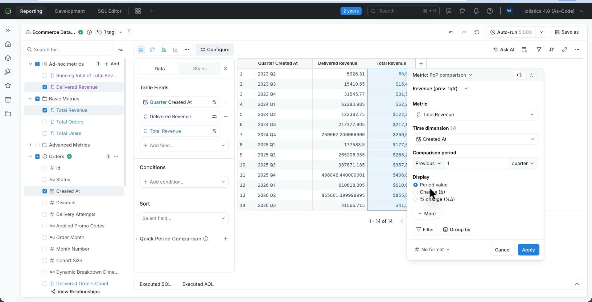 Configuring a period-over-period comparison