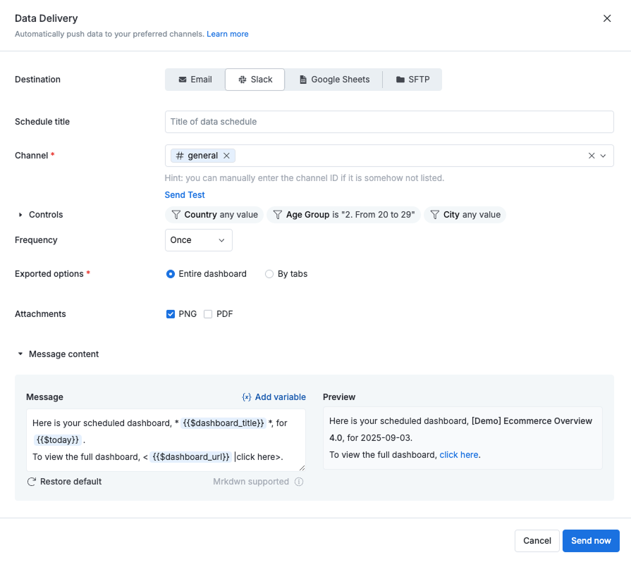 Slack schedule modal with new attachment options
