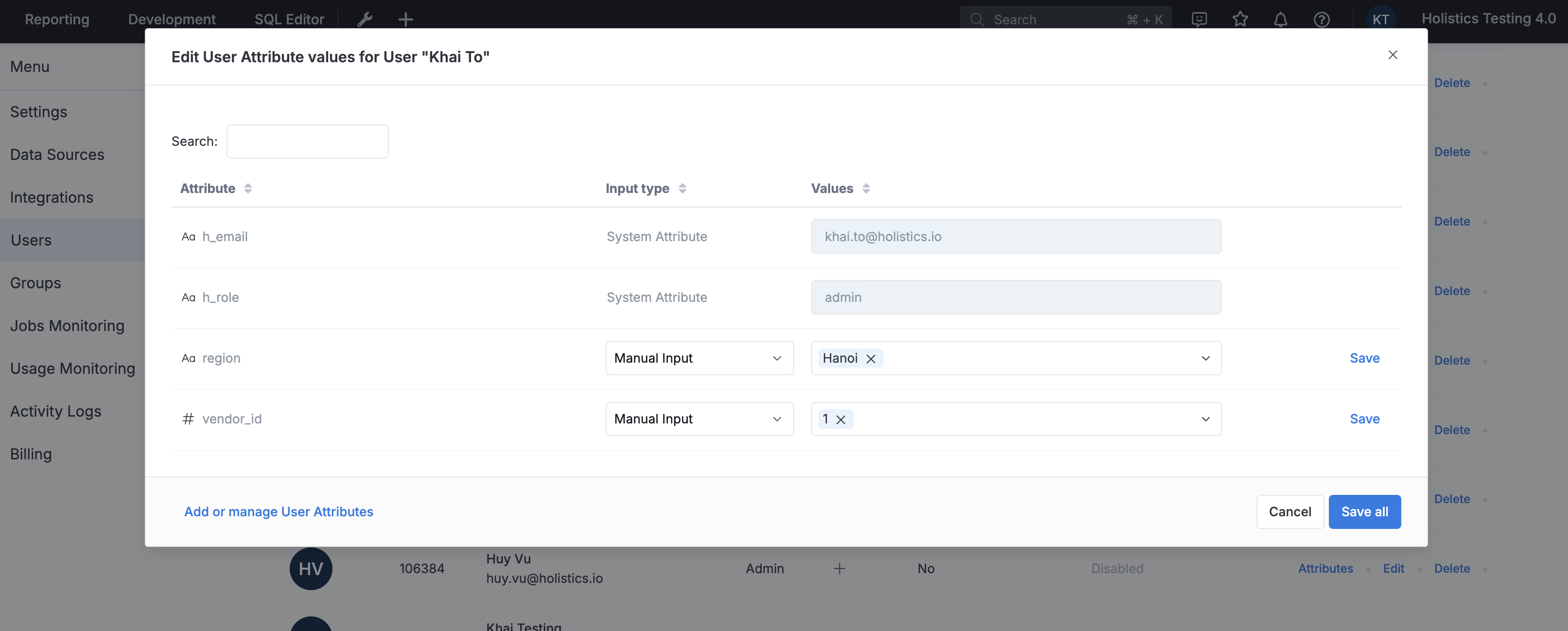 User Attributes management