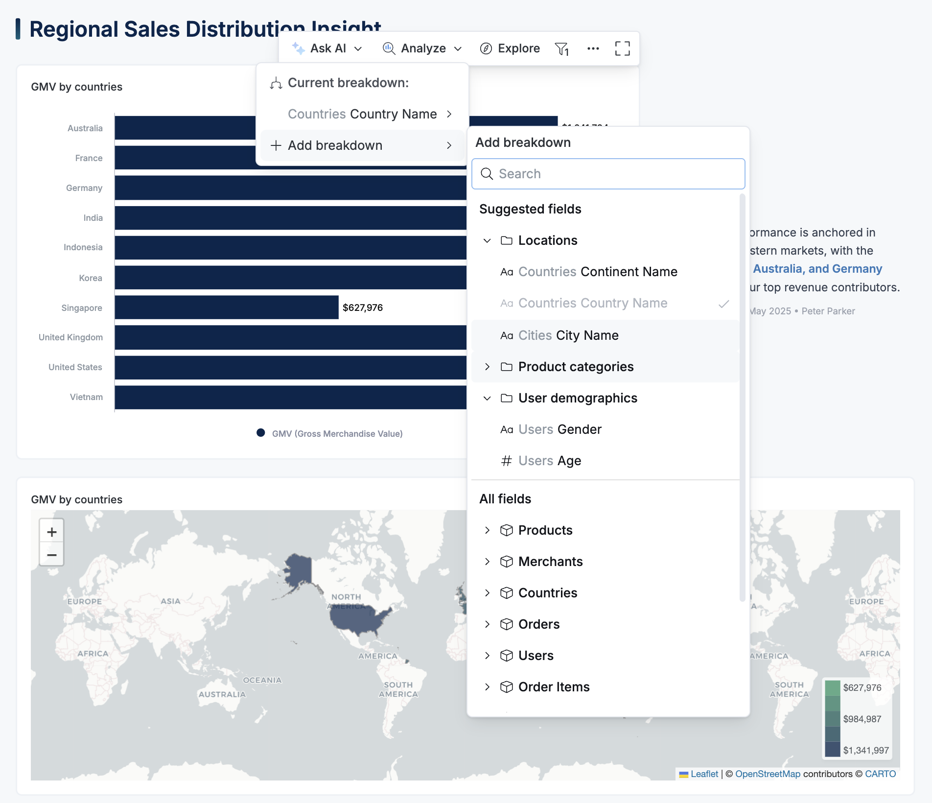 A user right-clicks a chart to open the 'Break down by' menu