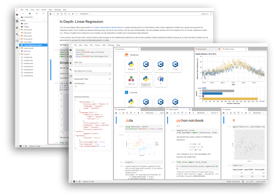 JupyterLab interface with notebooks, a file browser and charts