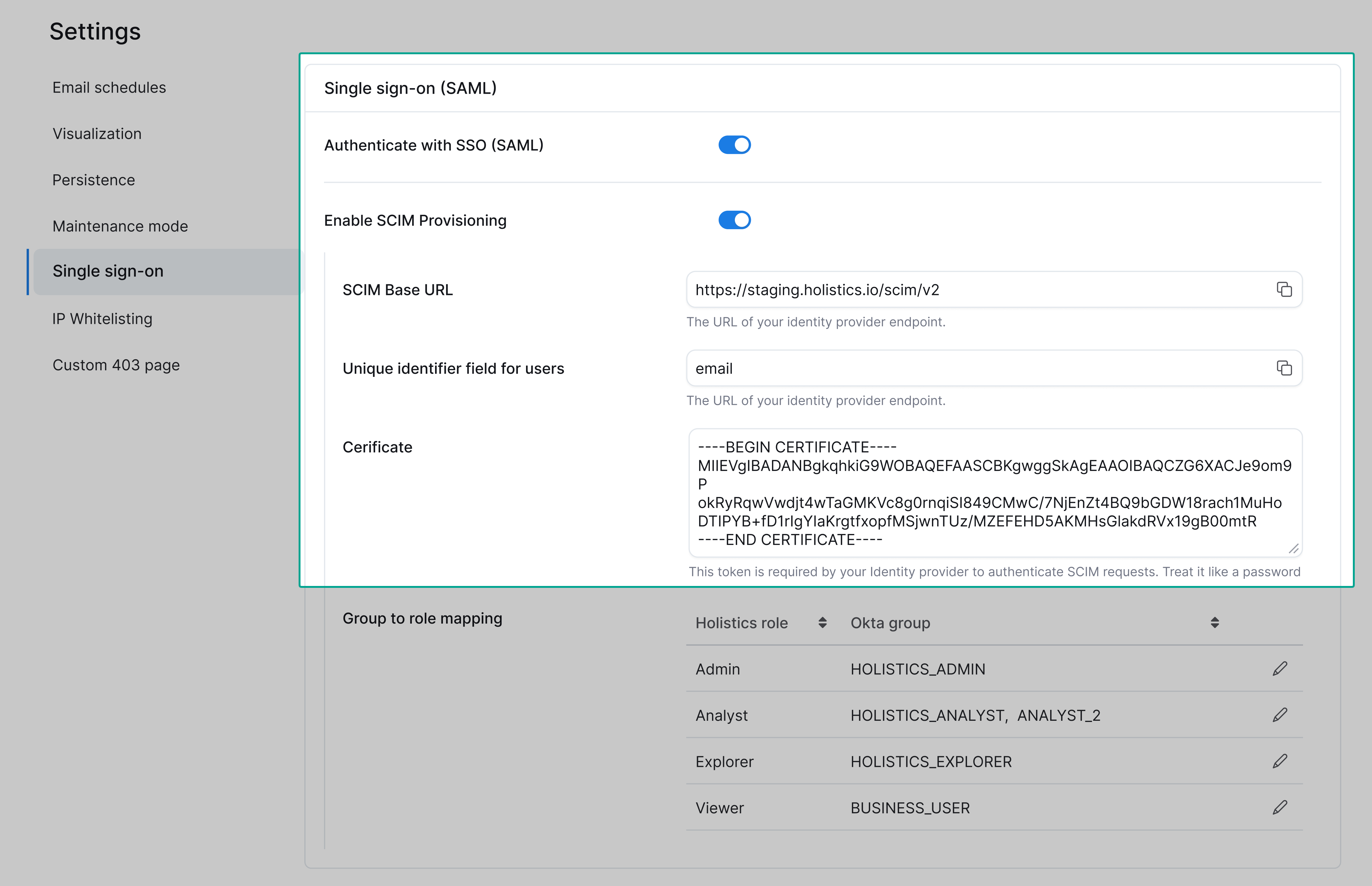 SCIM provisioning settings in Holistics, showing the toggle to enable it, the SCIM Base URL, and the Certificate.