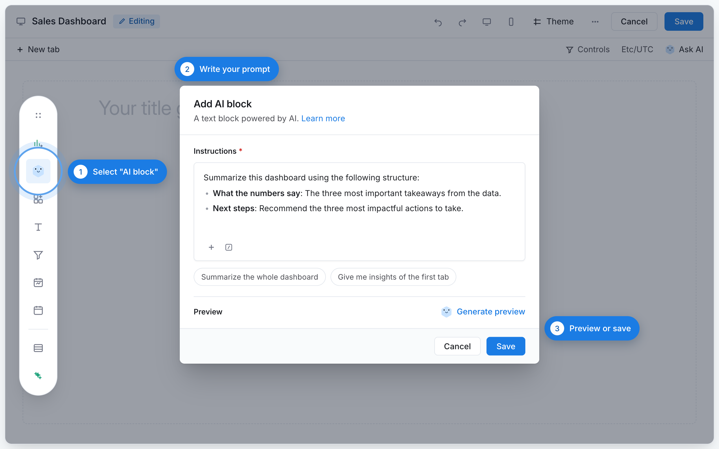 Adding an AI Block from the dashboard toolbar