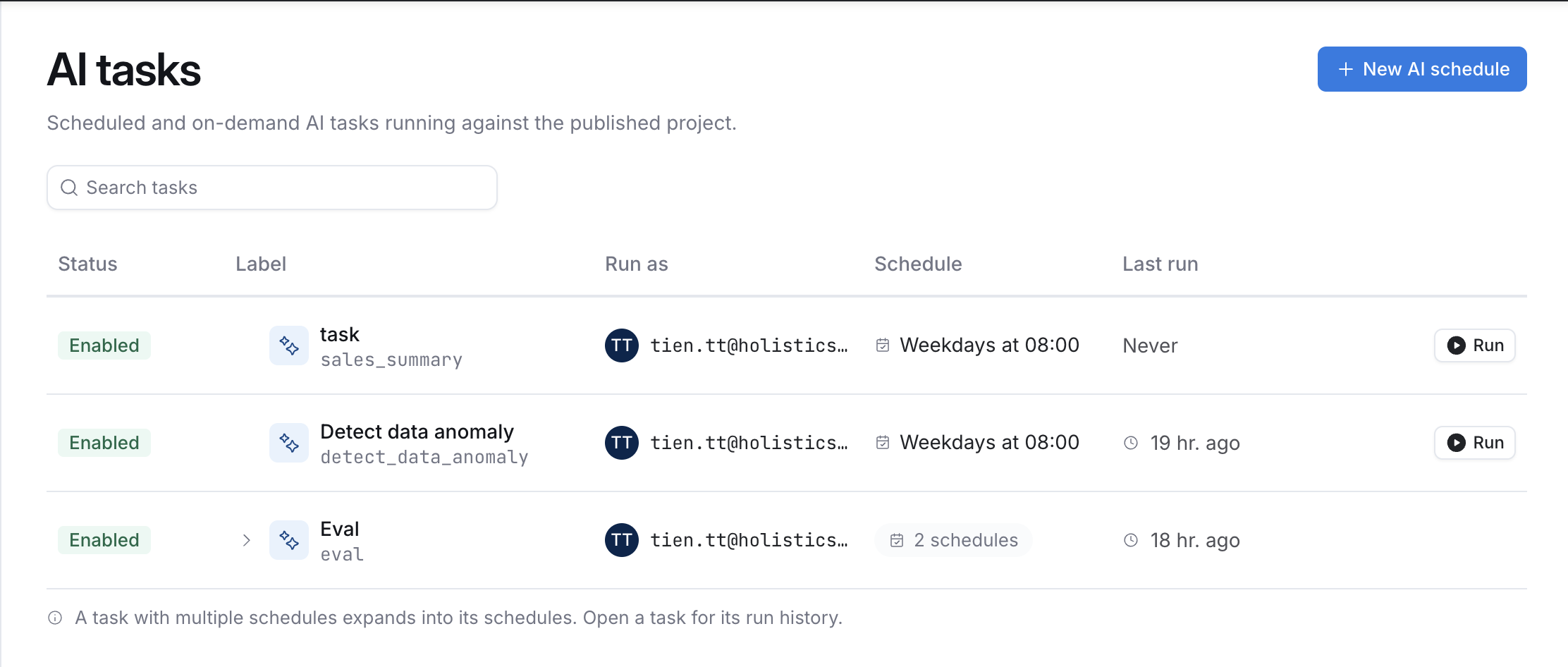 AI Tasks page