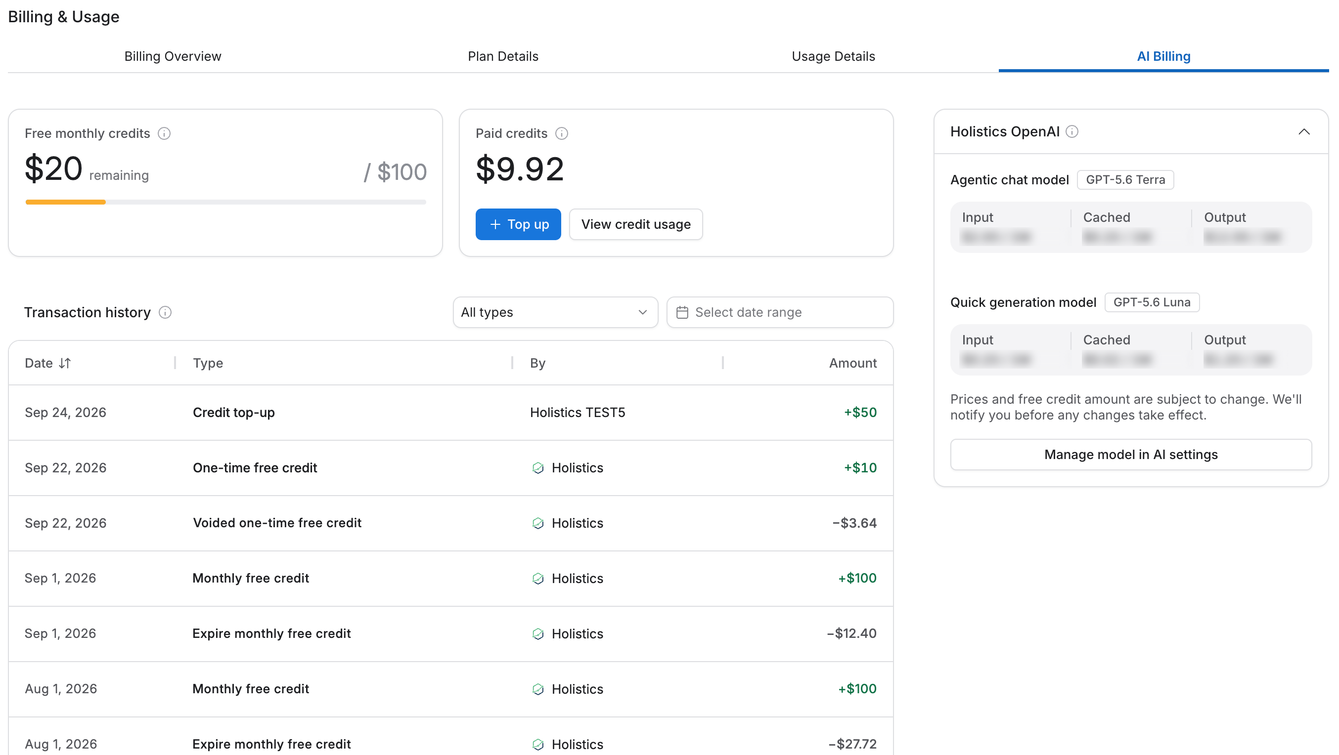 The AI Billing page under Billing & Usage, showing free and paid credits, model pricing, and transaction history