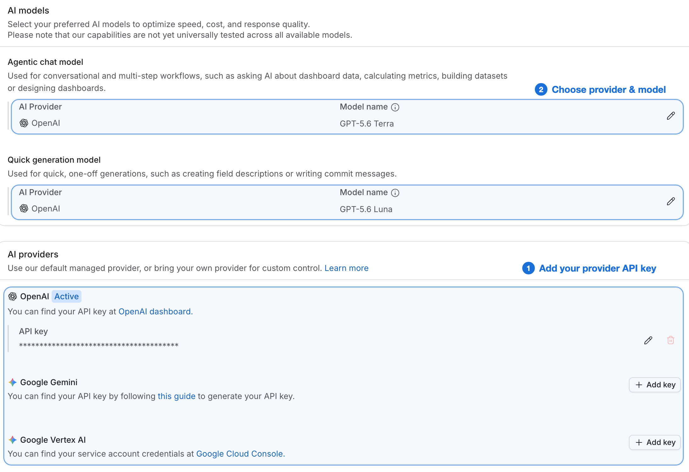 AI settings page showing how to add provider API keys and select models for each model class