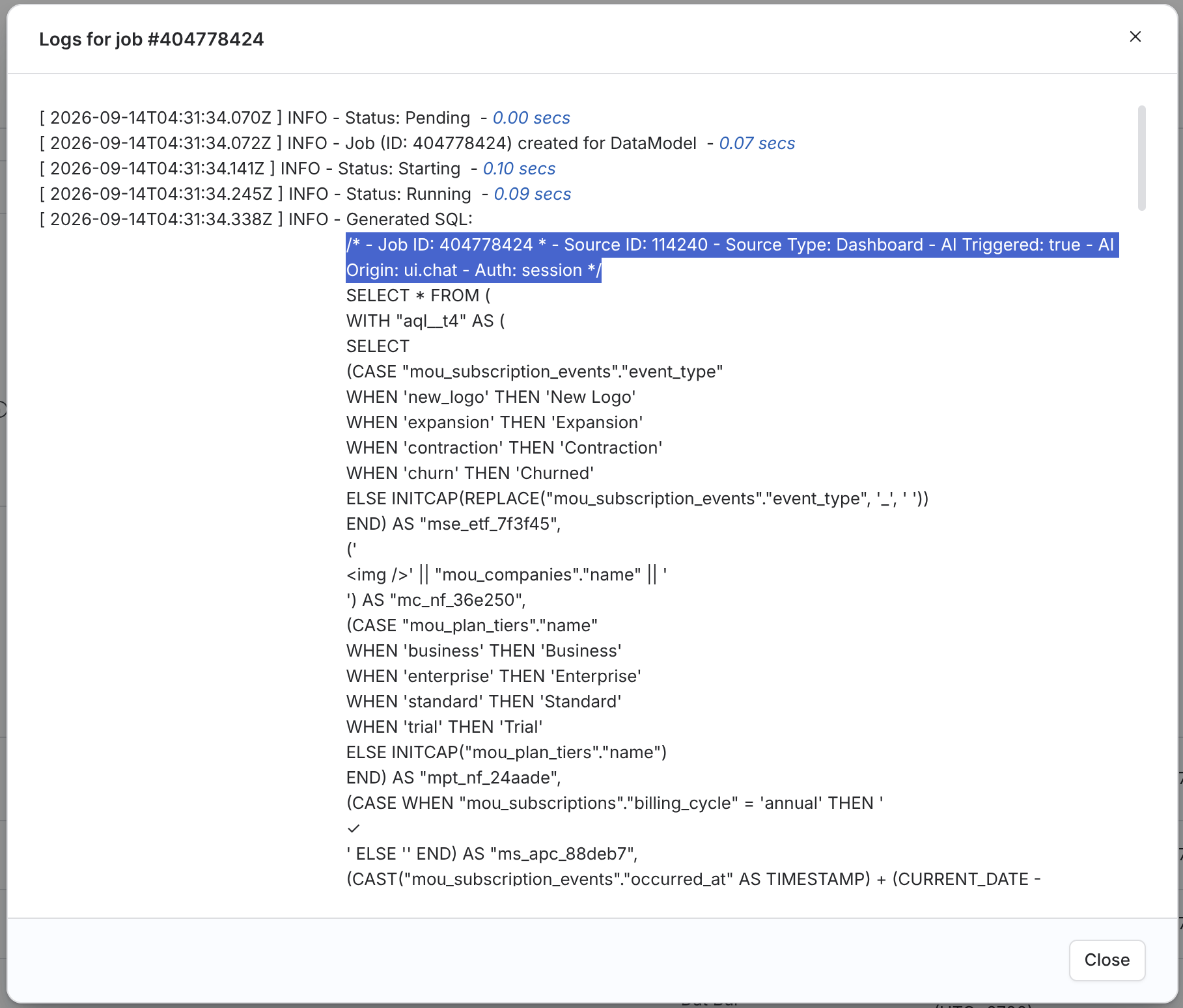 Job logs showing the generated SQL with the tracing comment highlighted