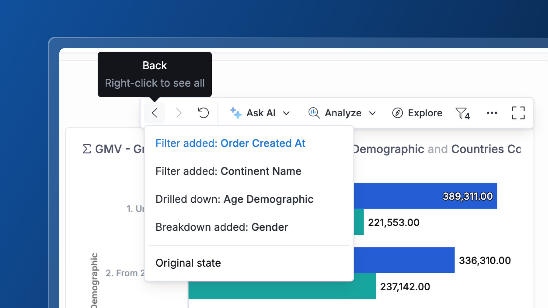 Demonstration of undo and redo for filter actions on a dashboard