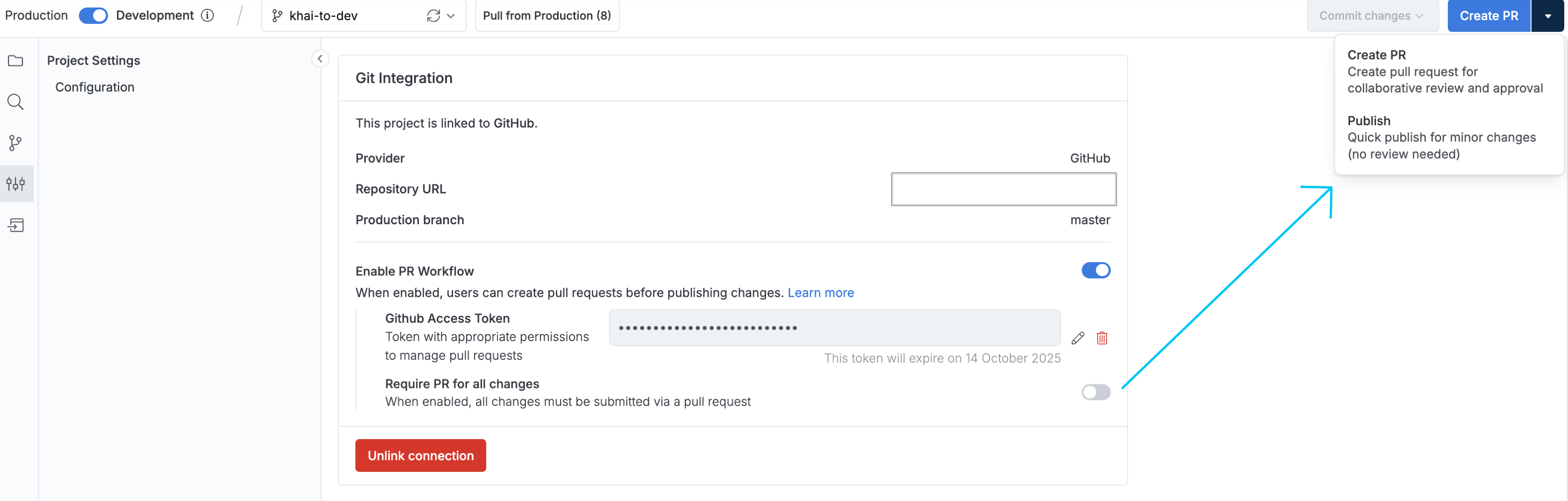 Enable PR requirement toggle off