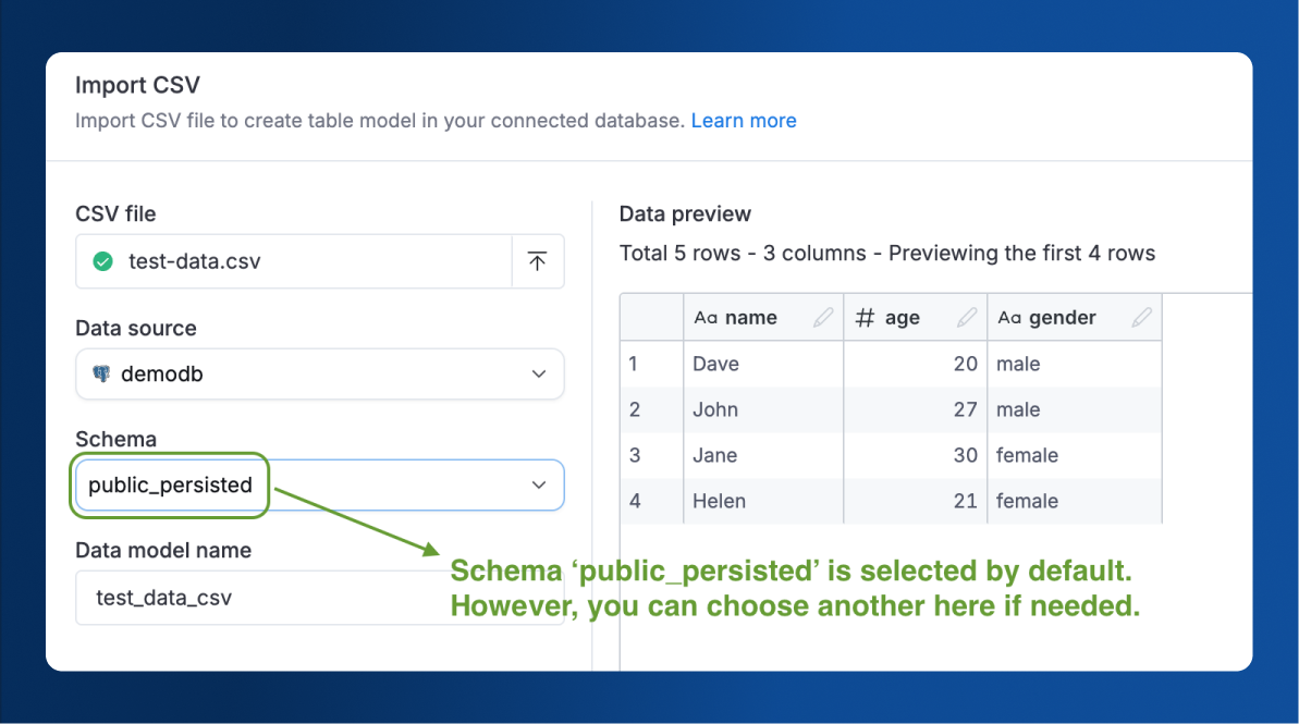 The schema will be the default option in the Schema Selection dropdown