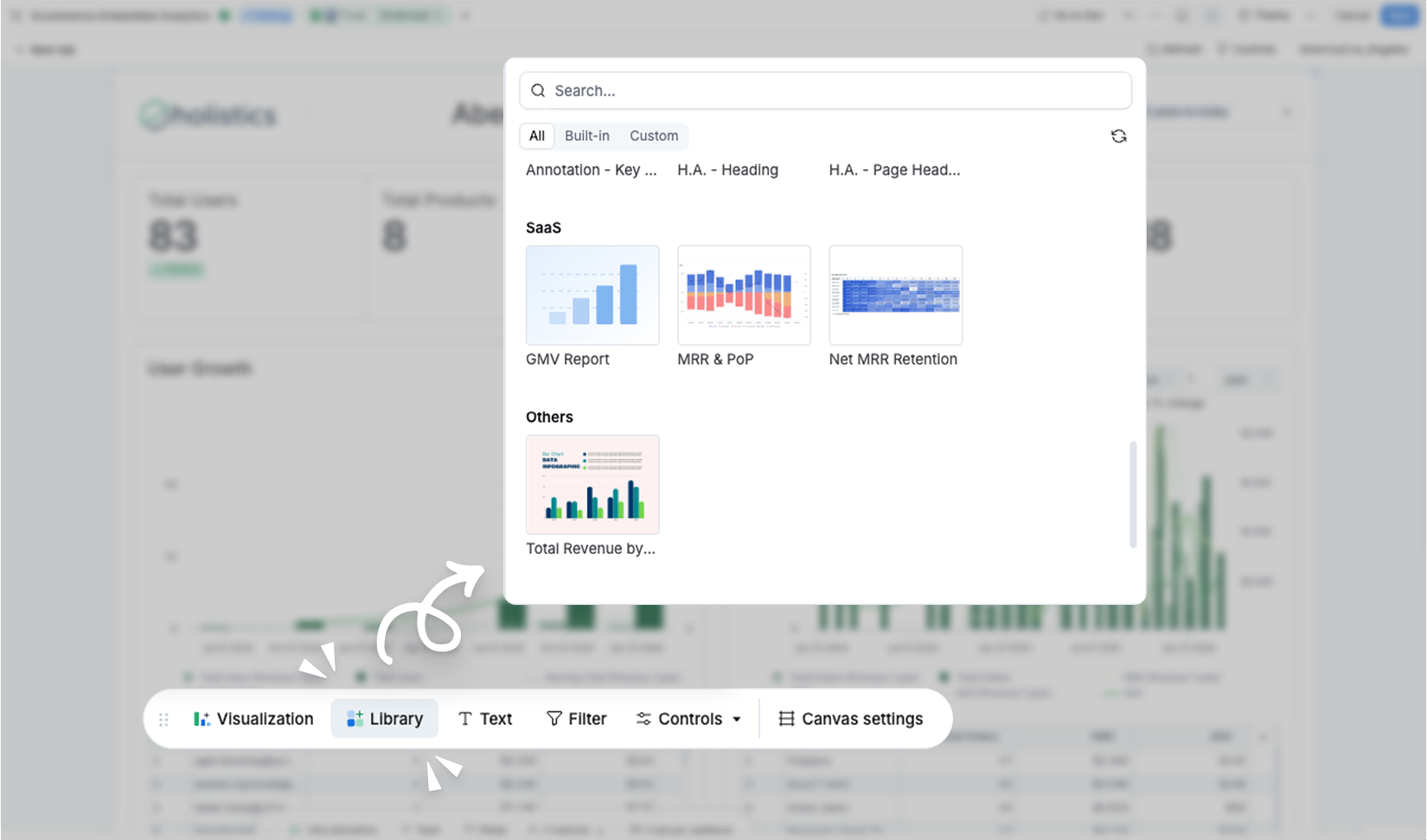 Demonstration of browsing and inserting a shared component from the Reusable Library in Reporting.