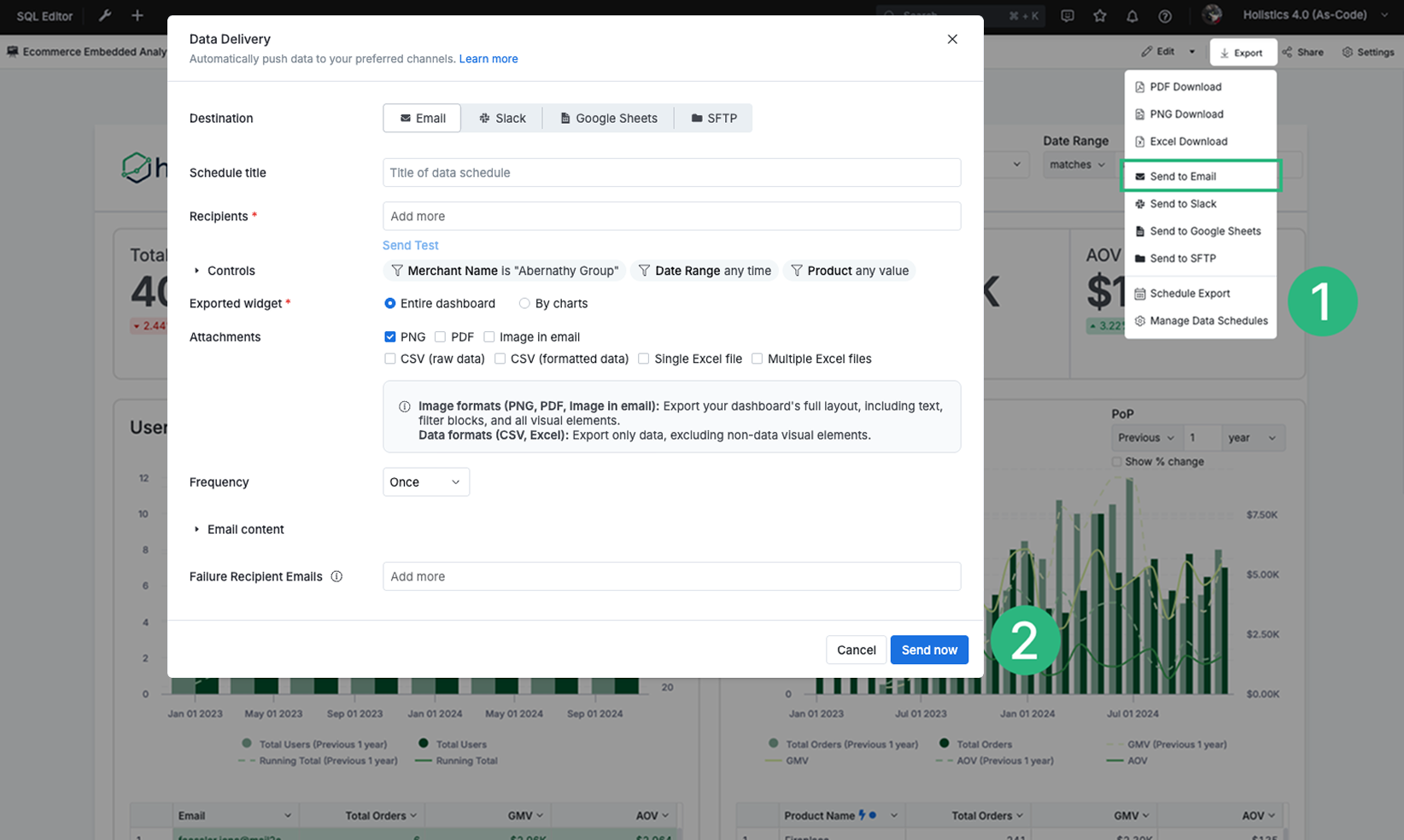 Navigating to 'Send to Email' from the dashboard export menu