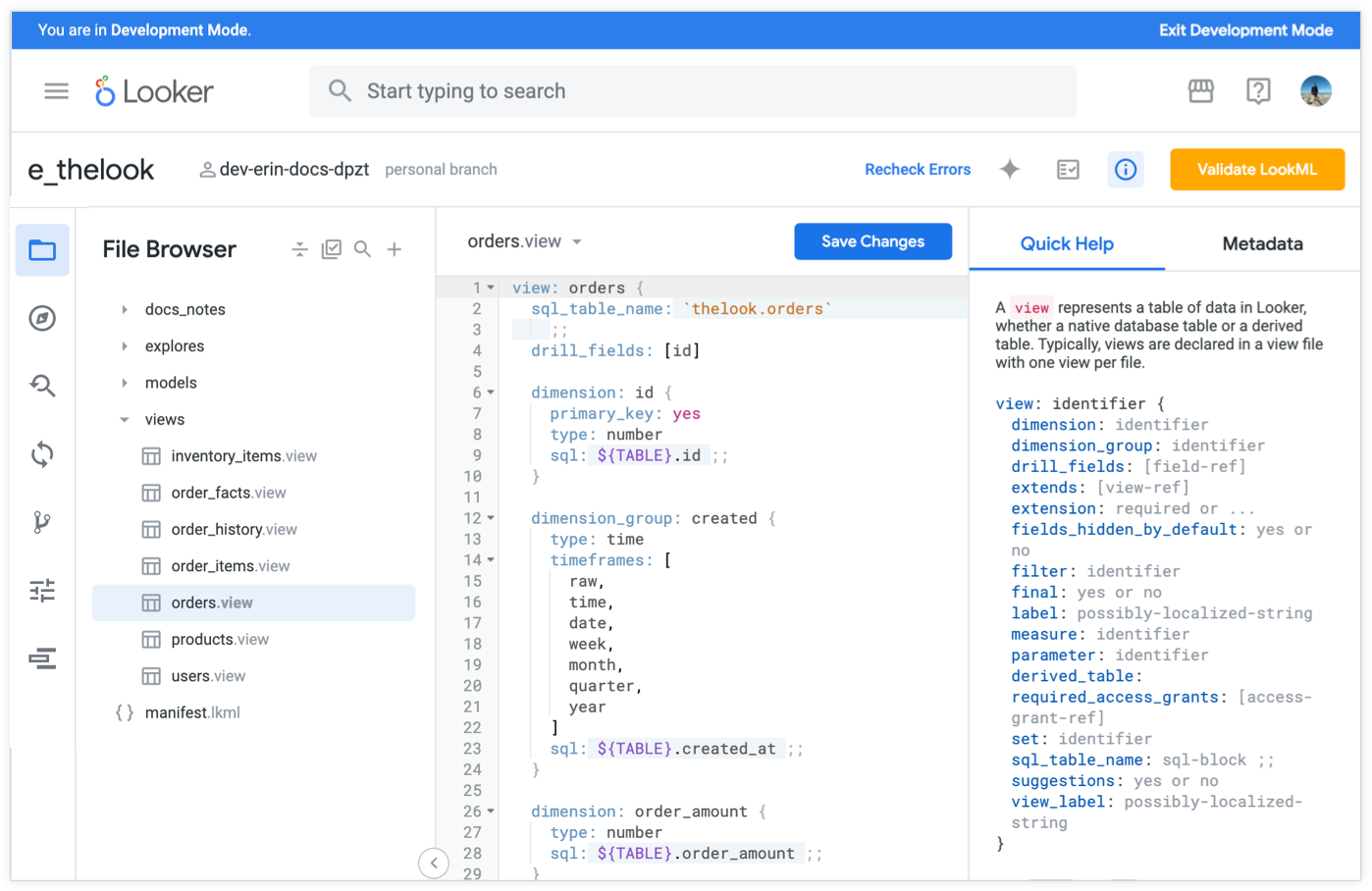 The Looker IDE with an orders view defined in LookML