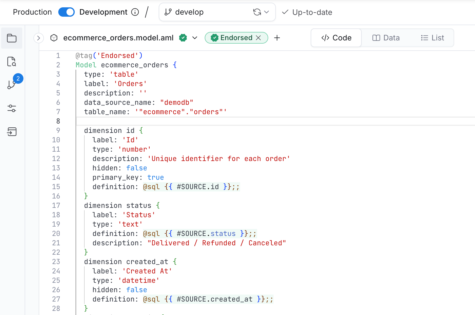 An AML model file in AML Studio: an endorsed ecommerce_orders model defining its table source and typed dimensions (id, status, created_at) in plain text.