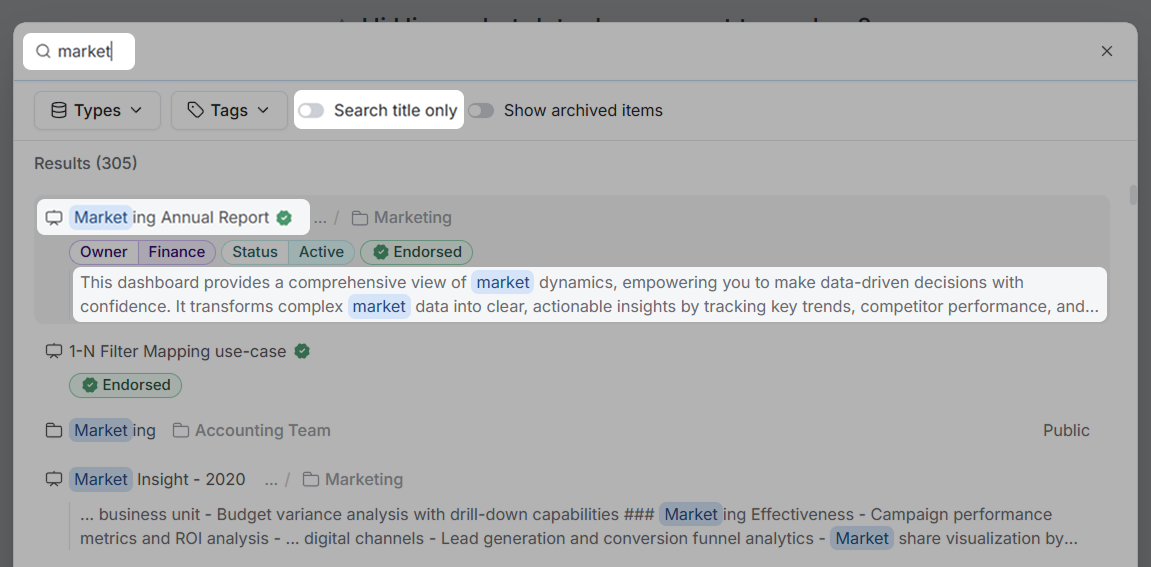 Searching in Holistics using a keyword, which highlights matches in both the title and description of assets.