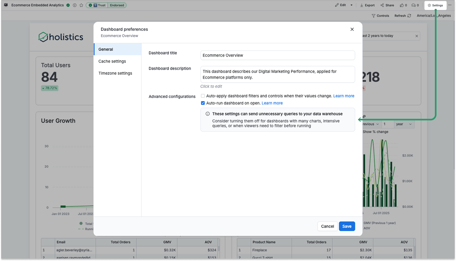 General Dashboard Settings showing the Filters auto-apply toggle in the Preferences menu