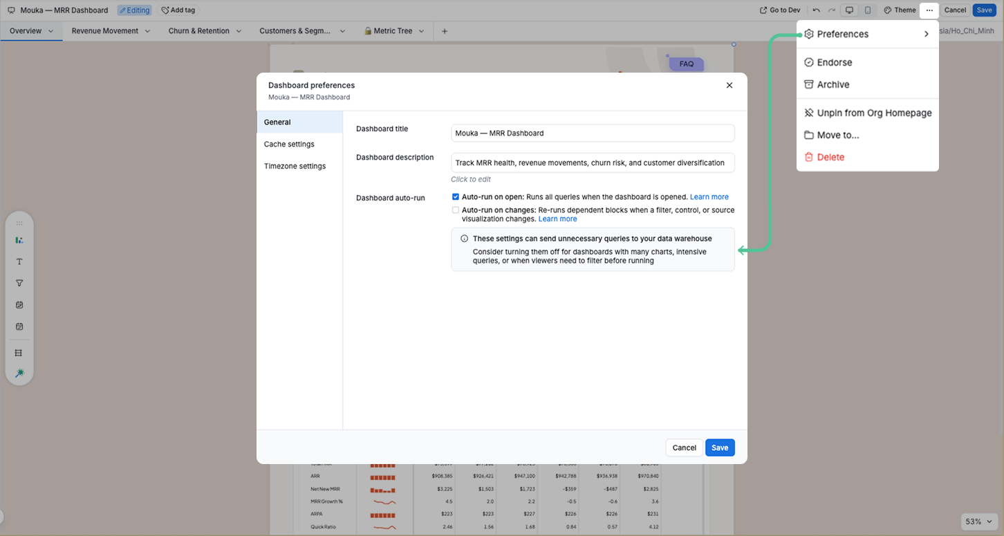 General Dashboard Settings showing the Filters auto-apply toggle in the Preferences menu