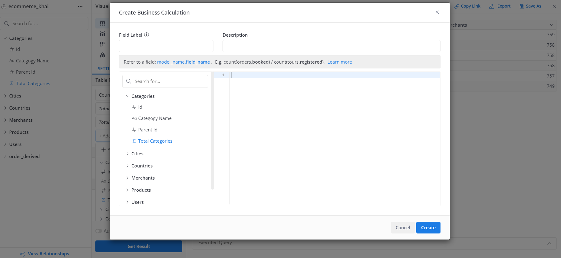 Business Calculation creation