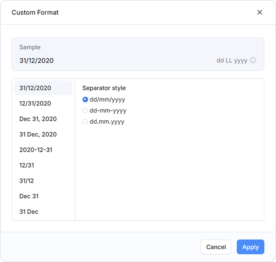 Custom date format settings panel showing date style and separator options