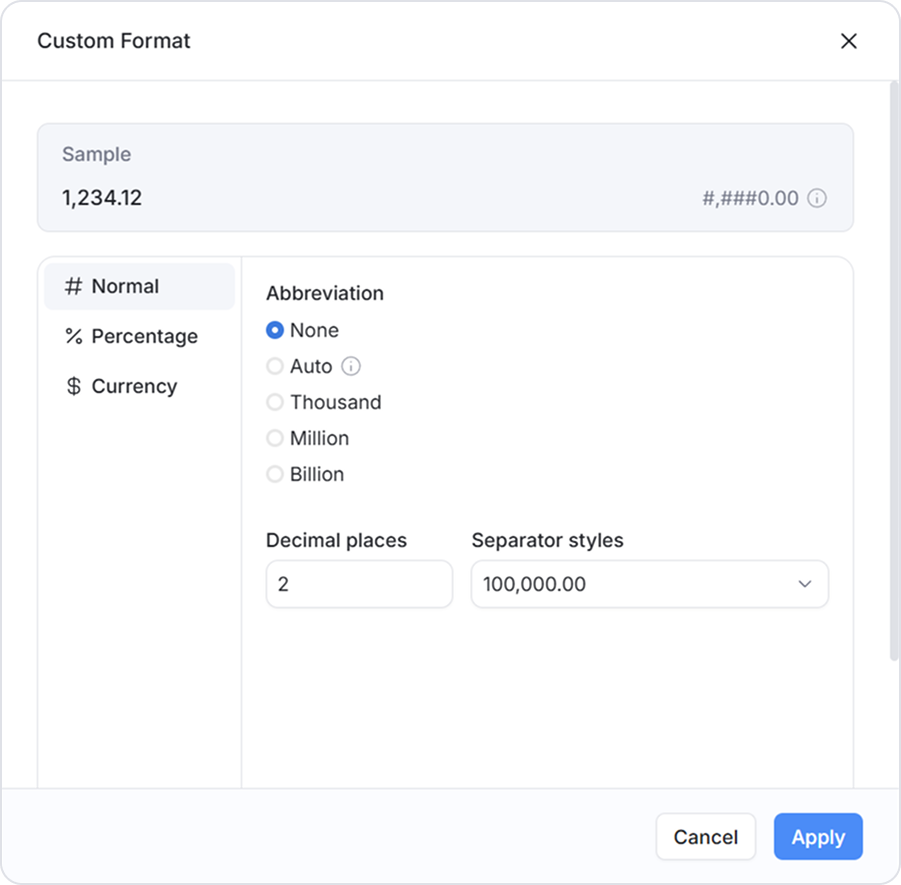 Custom number format settings panel showing currency and decimal options