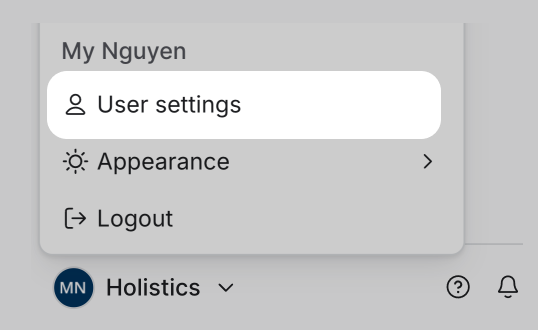 Holistics profile menu with the User settings option highlighted
