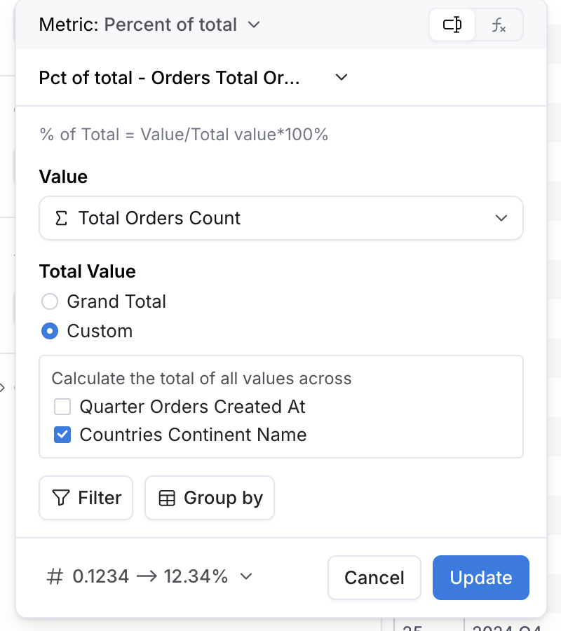 The Custom total option in a flat table, totalling across the Continent Name dimension