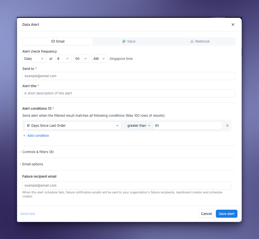 Choosing a delivery channel when setting up a data alert